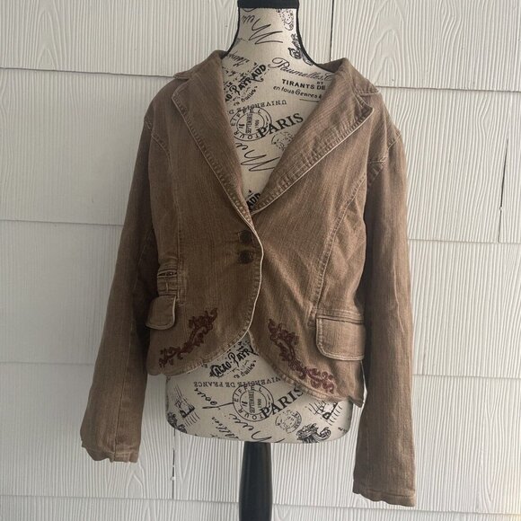 FDJ French Dressing Brown Embroidered Denim Look Short 2-button Blazer (TT) - Picture 1 of 13